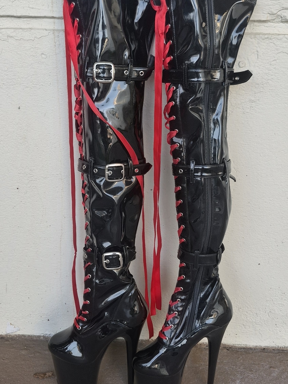Pleaser Black Thigh-High Lace-Up Triple Stack Platform